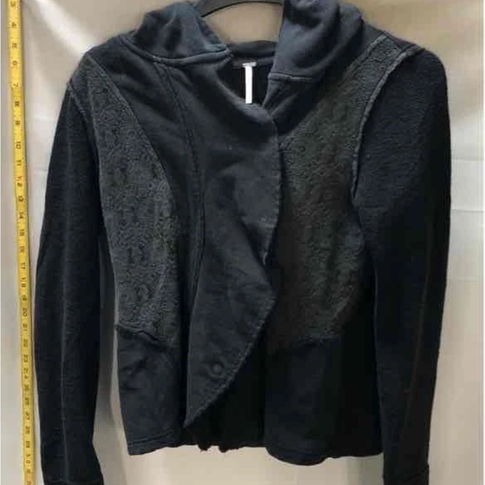 Free People Womens Black Long Sleeve Ruffle Hooded Snap Front Jacket Size Medium